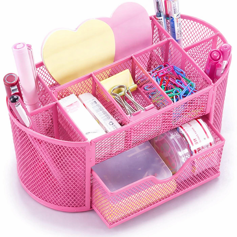 “AnyCraft Pink Metal Mesh Desk Organizer with Large‑Capacity Compartments for Office & School Supplies”