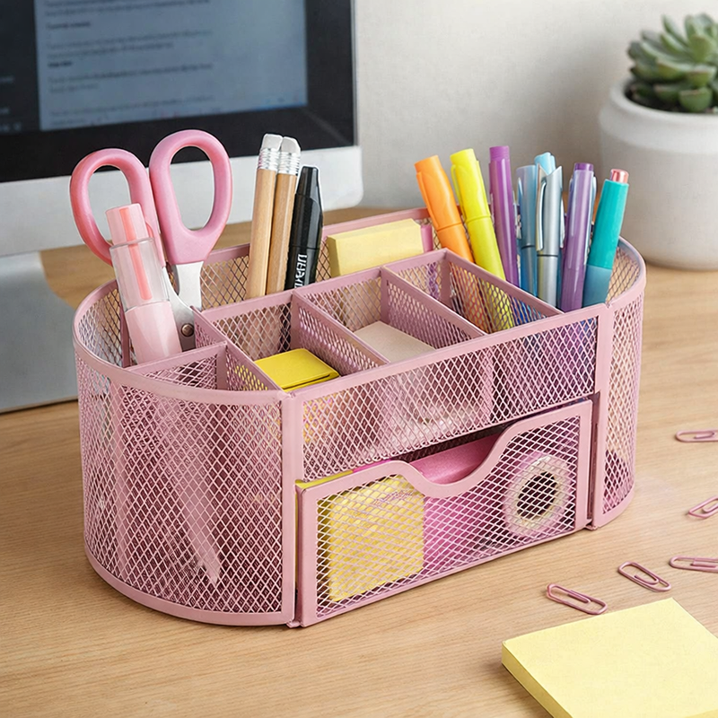 “AnyCraft Pink Metal Mesh Desk Organizer with Large‑Capacity Compartments for Office & School Supplies”