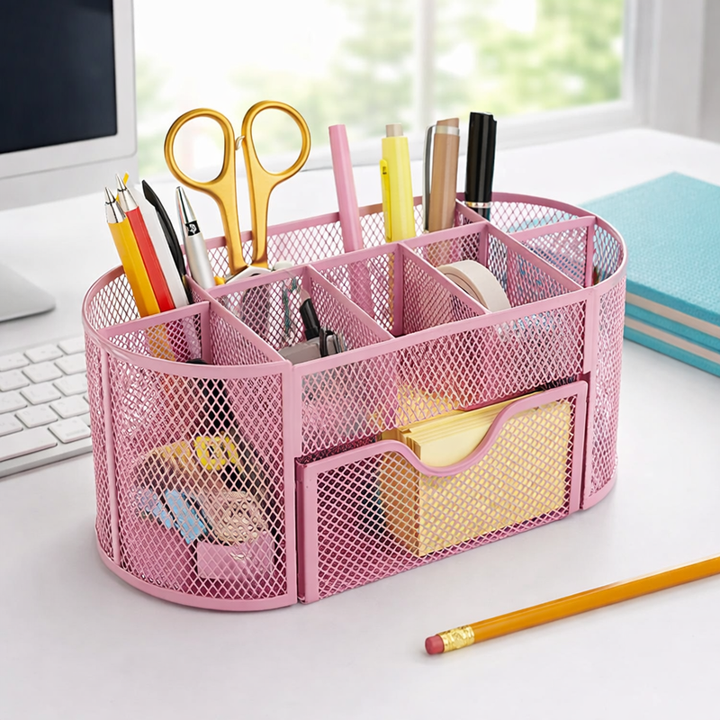 “AnyCraft Pink Metal Mesh Desk Organizer with Large‑Capacity Compartments for Office & School Supplies”
