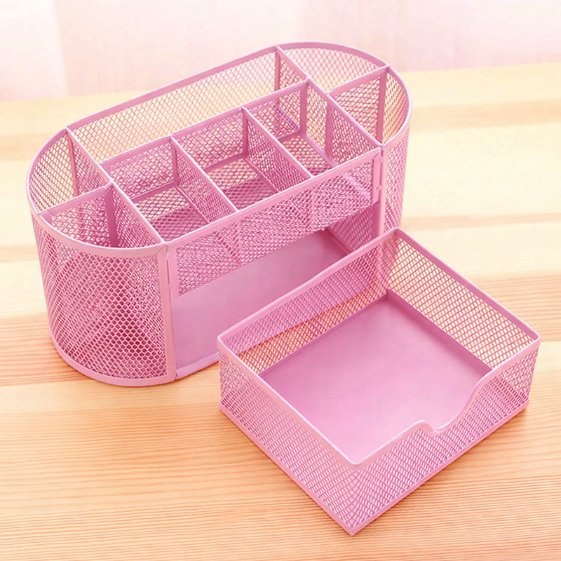 “AnyCraft Pink Metal Mesh Desk Organizer with Large‑Capacity Compartments for Office & School Supplies”