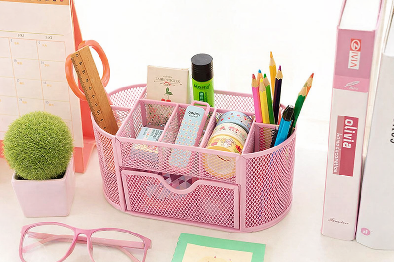 “AnyCraft Pink Metal Mesh Desk Organizer with Large‑Capacity Compartments for Office & School Supplies”