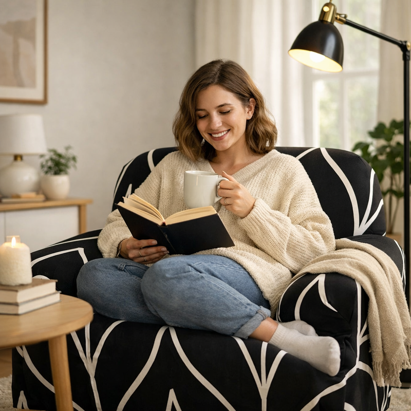 Anyseat 4-Seater Sofa Cover – Black Geometric Style Slipcover for Living Room Chair Protection