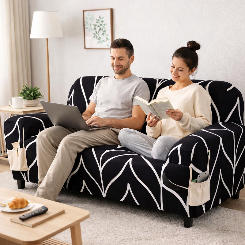 Anyseat 4-Seater Sofa Cover – Black Geometric Style Slipcover for Living Room Chair Protection