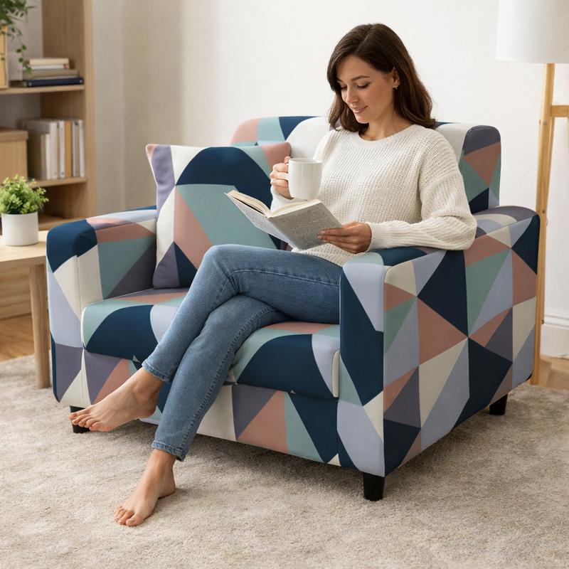 Anyseat 4-Seater Sofa Cover – Blue White Geometric Style Slipcover for Living Room Chair Protection