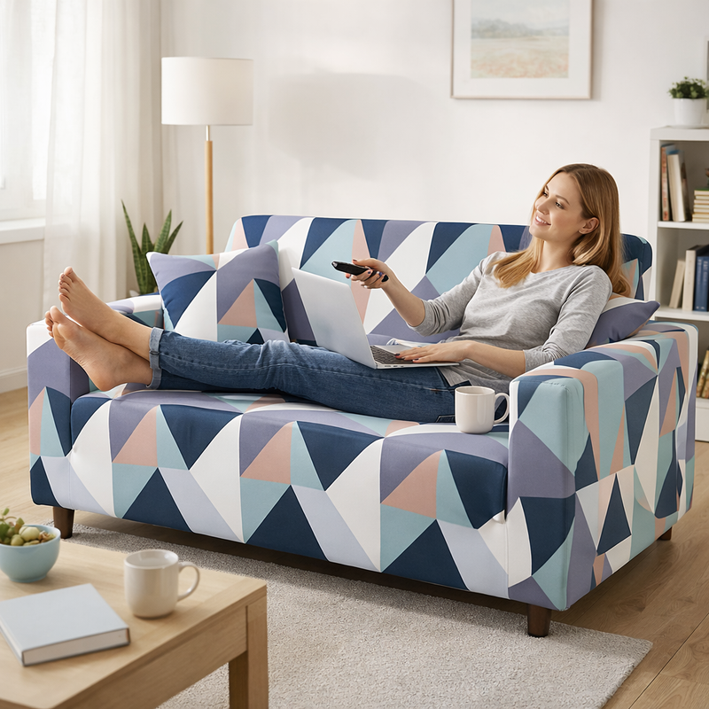 Anyseat 4-Seater Sofa Cover – Blue White Geometric Style Slipcover for Living Room Chair Protection