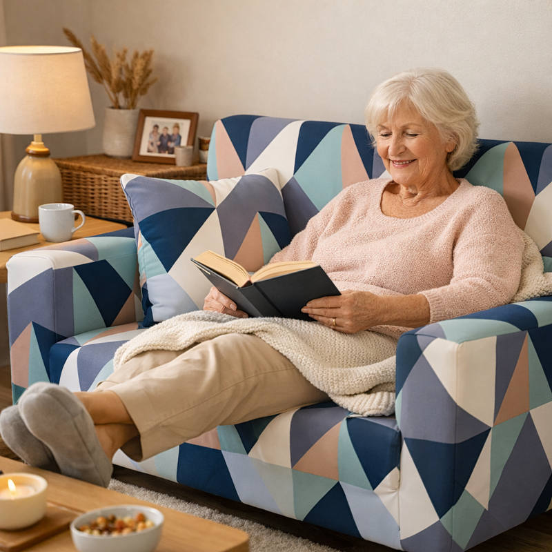 Anyseat 4-Seater Sofa Cover – Blue White Geometric Style Slipcover for Living Room Chair Protection