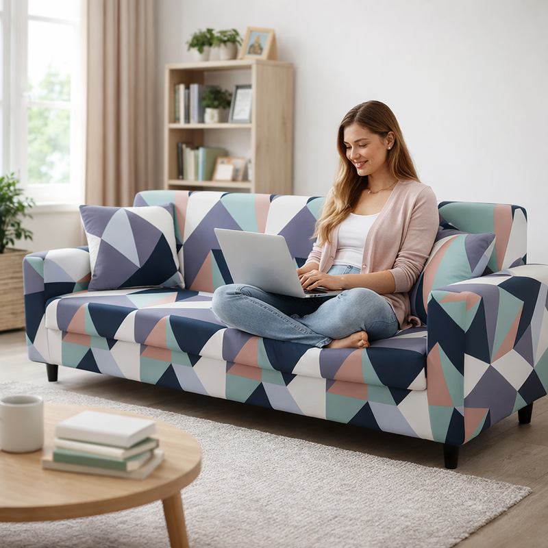 Anyseat 4-Seater Sofa Cover – Blue White Geometric Style Slipcover for Living Room Chair Protection