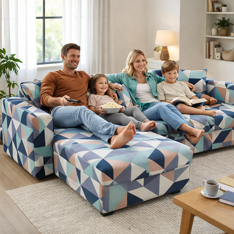 Anyseat 4-Seater Sofa Cover – Blue White Geometric Style Slipcover for Living Room Chair Protection