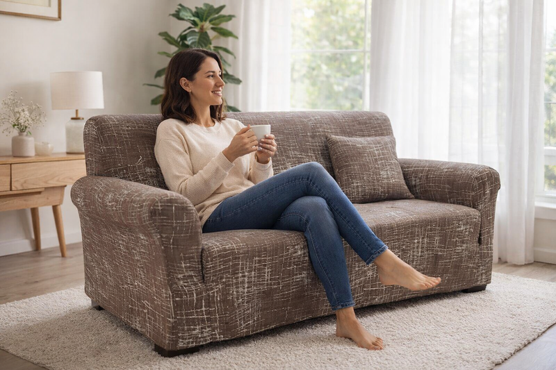 Anyseat 4-Seater Sofa Cover – Rustic Brown Geometric Style Slipcover for Living Room Chair Protection