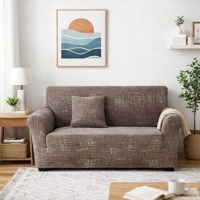 Anyseat 4-Seater Sofa Cover – Rustic Brown Geometric Style Slipcover for Living Room Chair Protection