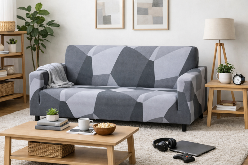 Anyseat White Gray Geometric Style Sofa Cover – Stretchable Slipcover for Living Room Chair Protection