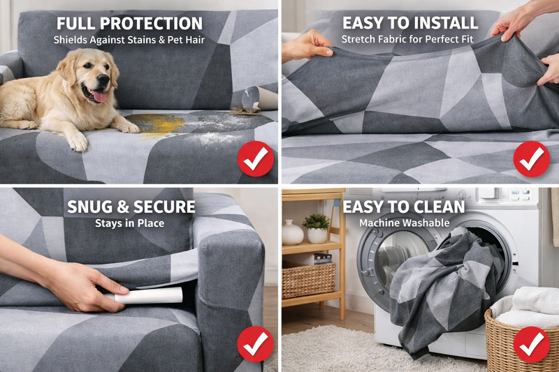 Anyseat White Gray Geometric Style Sofa Cover – Stretchable Slipcover for Living Room Chair Protection
