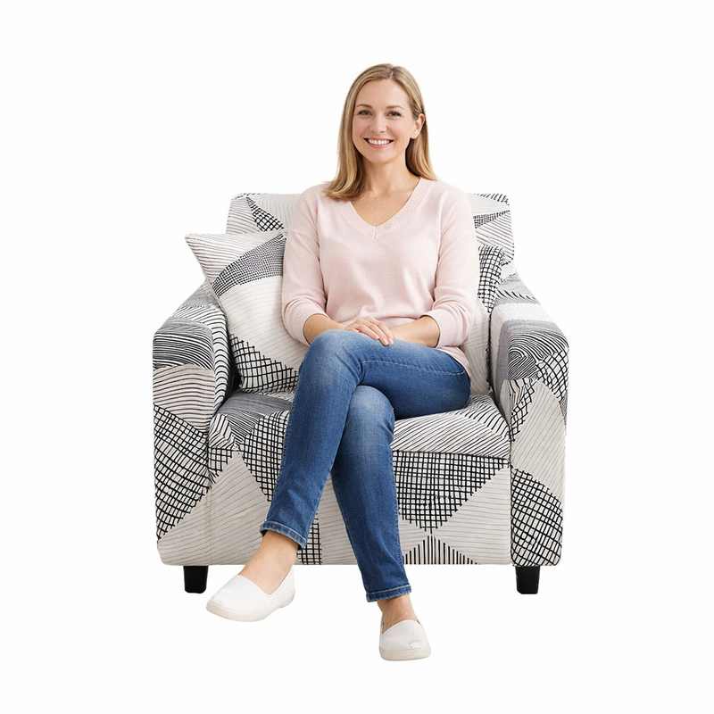 Anyseat 3-Seater Sofa Cover – White Geometric Style Slipcover for Living Room Chair Protection