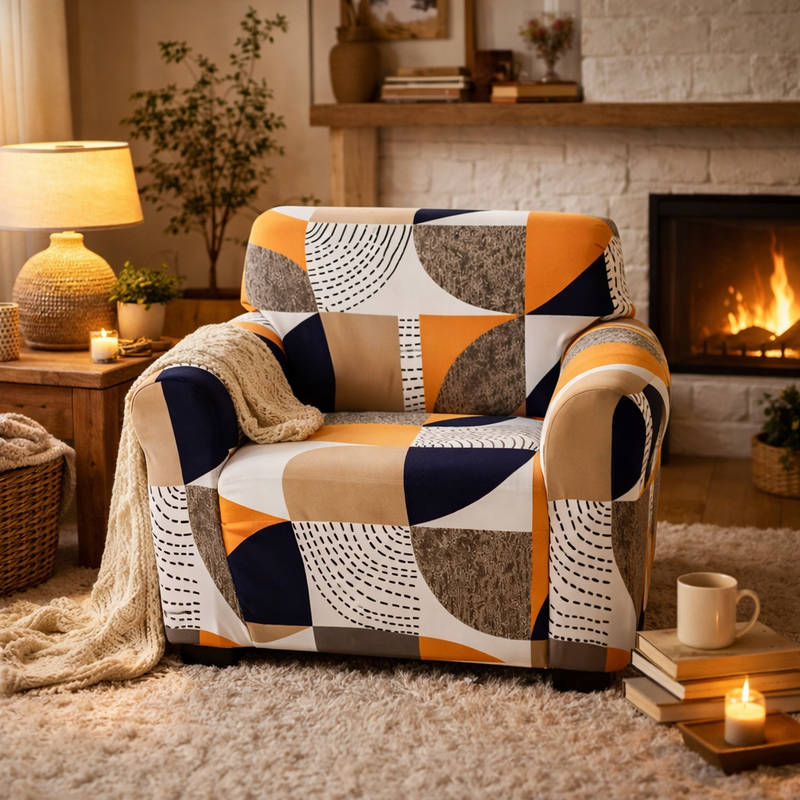 Anyseat 1-Seater Sofa Cover – Orange Geometric Style Slipcover for Living Room Chair Protection