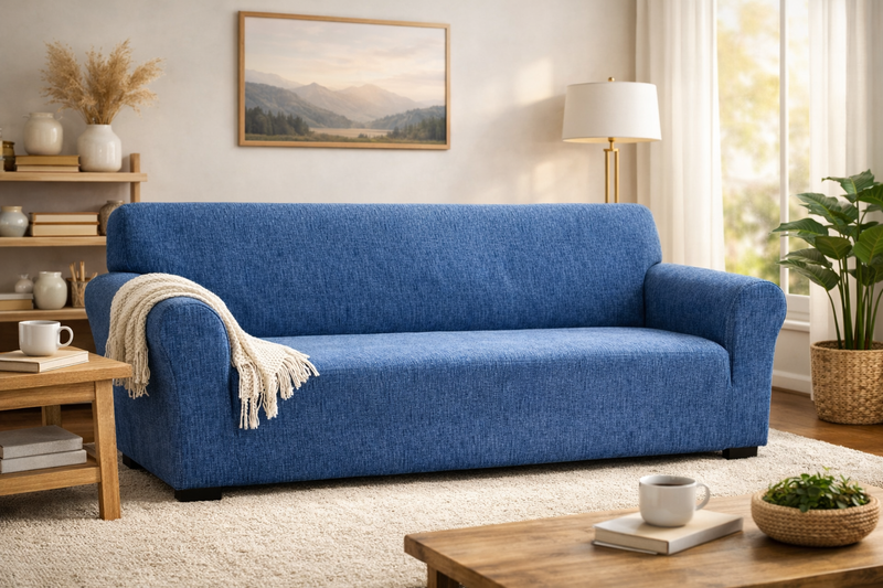 Anyseat 4-Seater Sofa Cover – Plain Blue Style Slipcover for Living Room Chair Protection