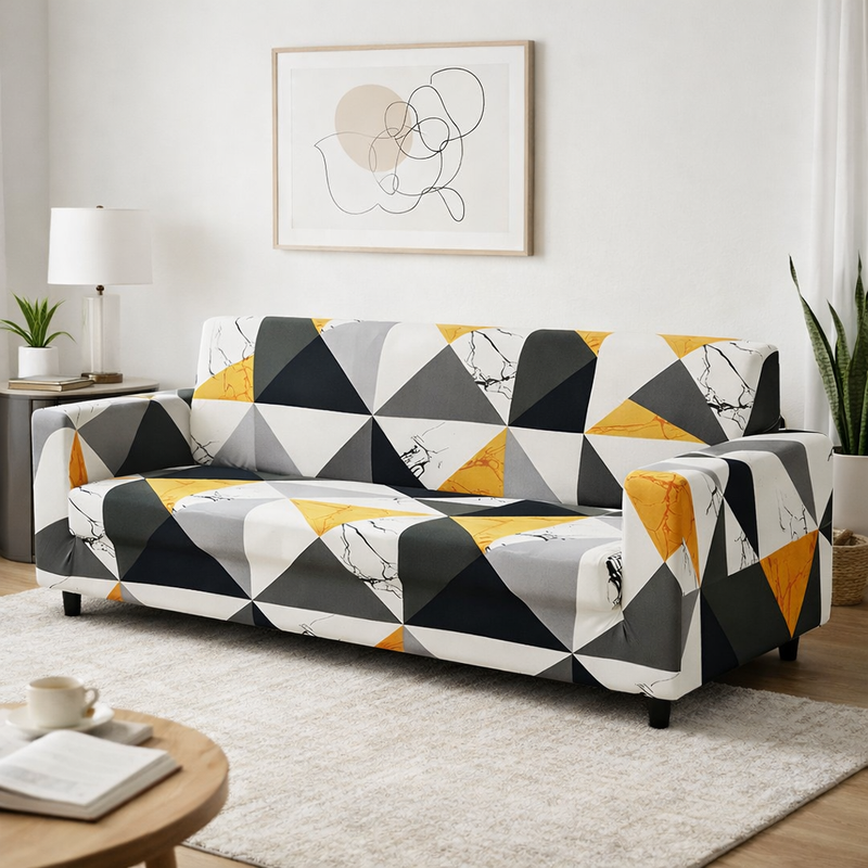 Anyseat 4-Seater Sofa Cover – Yellow White Geometric Style Slipcover for Living Room Chair Protection