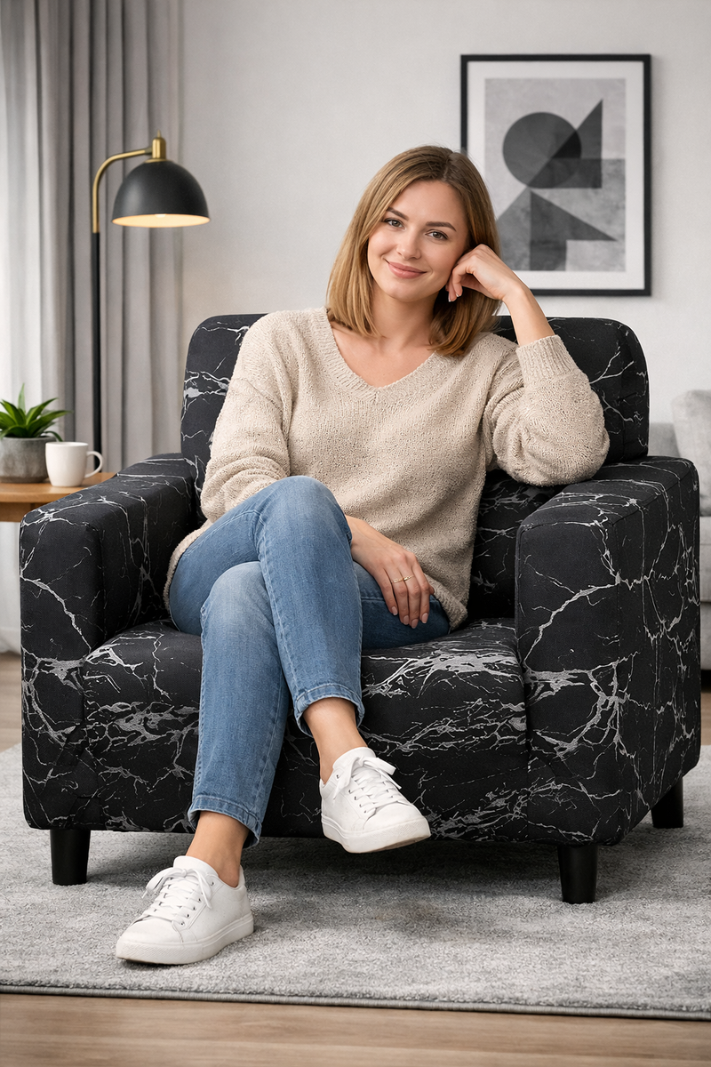 Anyseat 1-Seater Sofa Cover – Marble Black Geometric Style Slipcover for Living Room Chair Protection