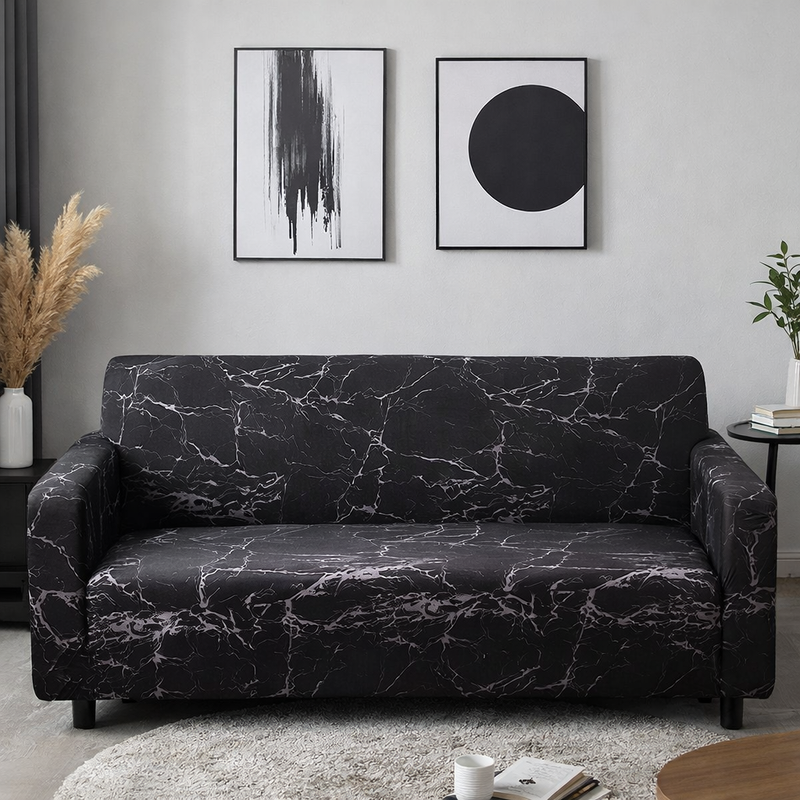 Anyseat 4-Seater Sofa Cover – Marble Black Geometric Style Slipcover for Living Room Chair Protection