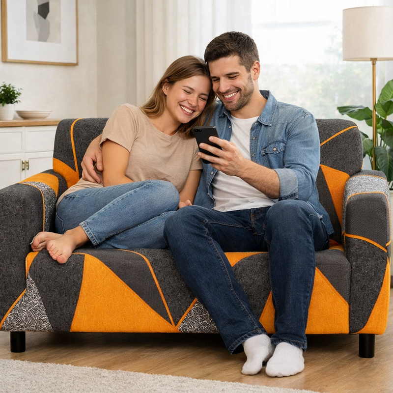 Anyseat 2-Seater Sofa Cover – Marigold Geometric Style Slipcover for Living Room Chair Protection