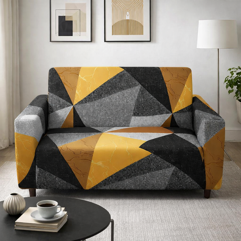 Anyseat 2-Seater Sofa Cover – Golden Yellow Geometric Style Slipcover for Living Room Chair Protection