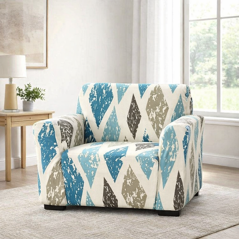 Anyseat 1-Seater Sofa Cover – Khaki Blue Geometric Style Slipcover for Living Room Chair Protection