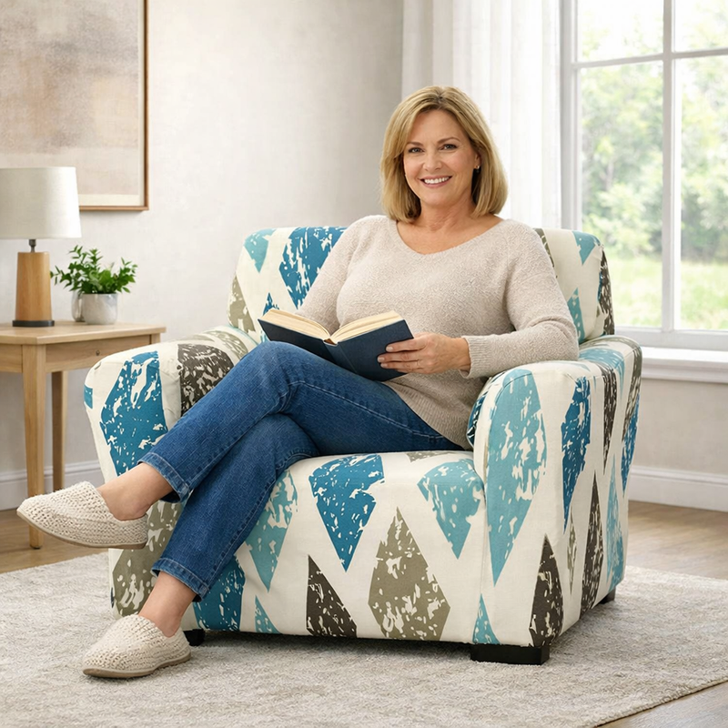 Anyseat 1-Seater Sofa Cover – Khaki Blue Geometric Style Slipcover for Living Room Chair Protection