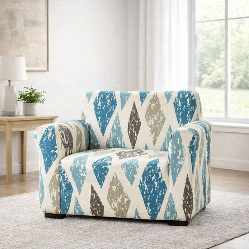 Anyseat 2-Seater Sofa Cover – Khaki Blue Geometric Style Slipcover for Living Room Chair Protection
