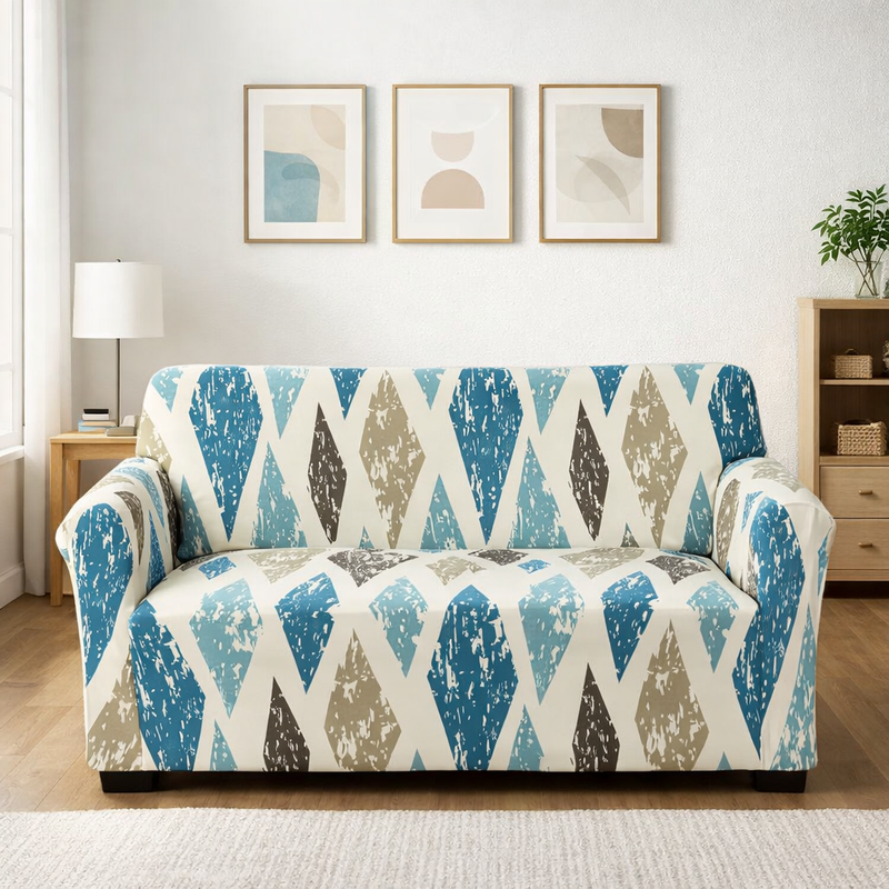 Anyseat 3-Seater Sofa Cover – Khaki Blue Geometric Style Slipcover for Living Room Chair Protection