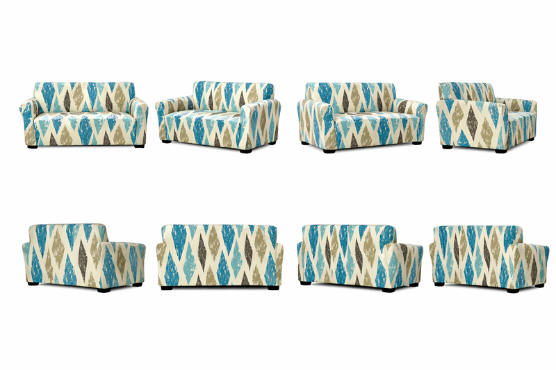 Anyseat 3-Seater Sofa Cover – Khaki Blue Geometric Style Slipcover for Living Room Chair Protection