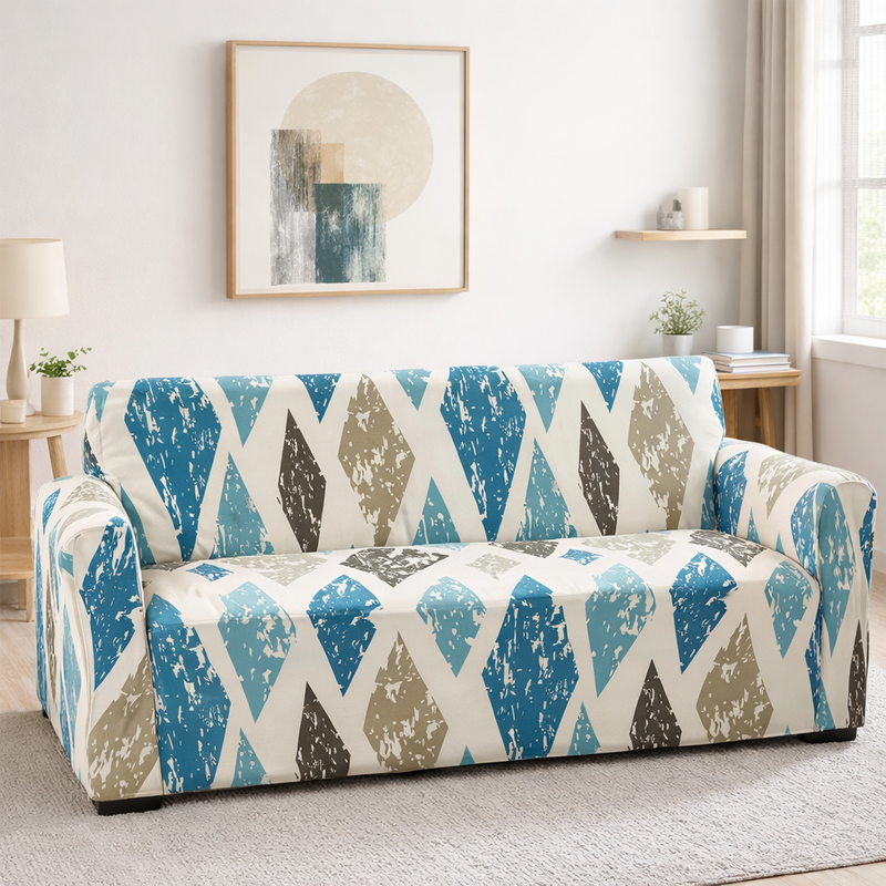 Anyseat 4-Seater Sofa Cover – Khaki Blue Geometric Style Slipcover for Living Room Chair Protection