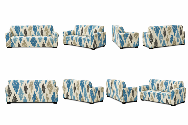 Anyseat 4-Seater Sofa Cover – Khaki Blue Geometric Style Slipcover for Living Room Chair Protection