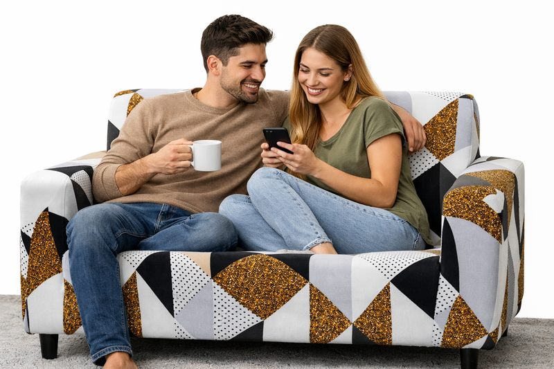 Anyseat Beige Geometric Style Sofa Cover – 2‑Seater Stretchable Slipcover for Living Room Chair Protection
