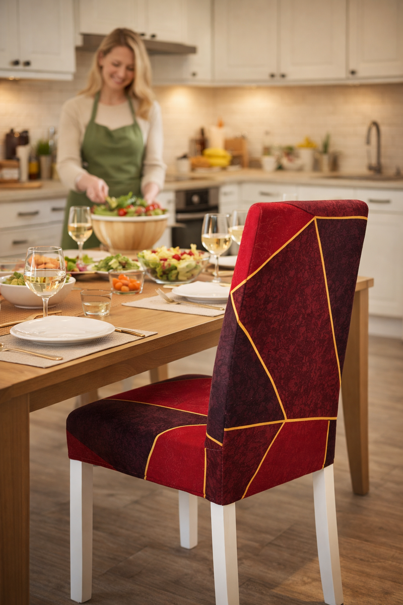 Anyseat Red and Maroon with Shapes Design Chair Cover – Elastic Slipcover with Anti‑Dirt Protection for Dining Room, Kitchen, Wedding, Hotel, Banquet & Restaurant