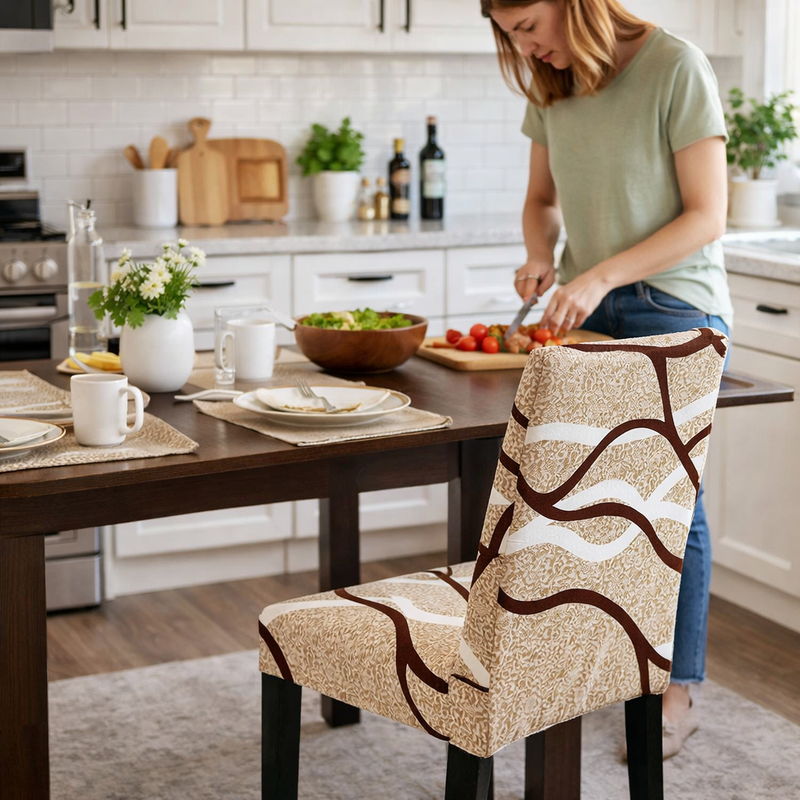 Anyseat Khaki Wave Pattern Design Chair Cover – Elastic Slipcover with Anti‑Dirt Protection for Dining Room, Kitchen, Wedding, Hotel, Banquet & Restaurant