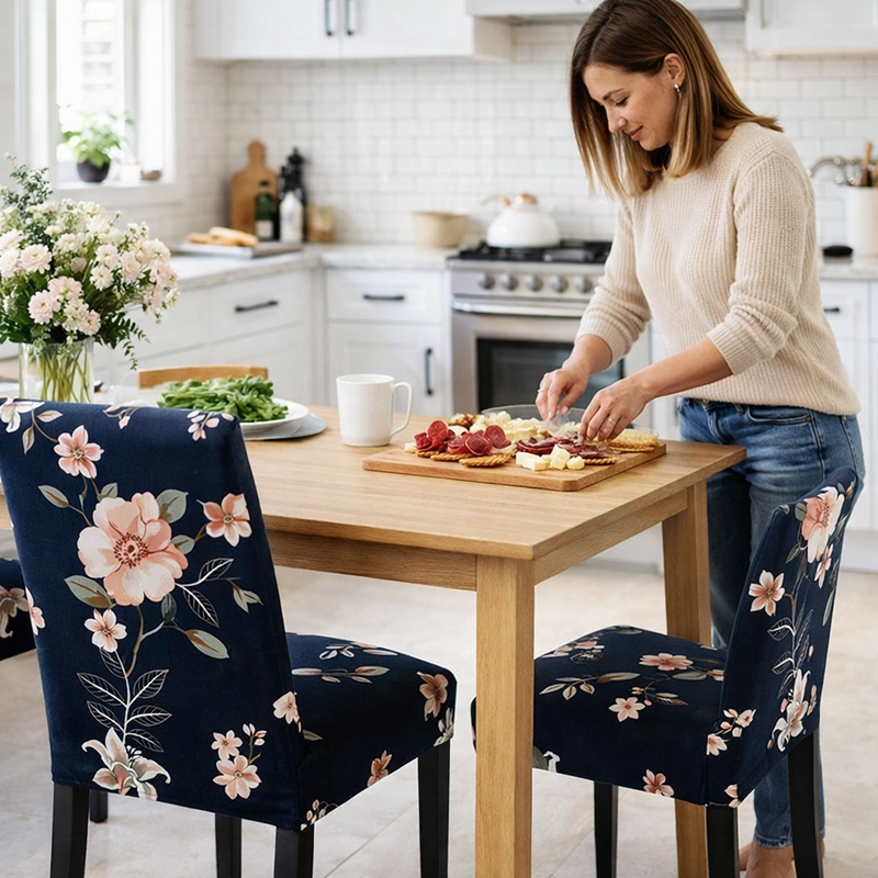 Anyseat Dark Blue Flower Design Chair Cover – Elastic Slipcover with Anti‑Dirt Protection for Dining Room, Kitchen, Wedding, Hotel, Banquet & Restaurant