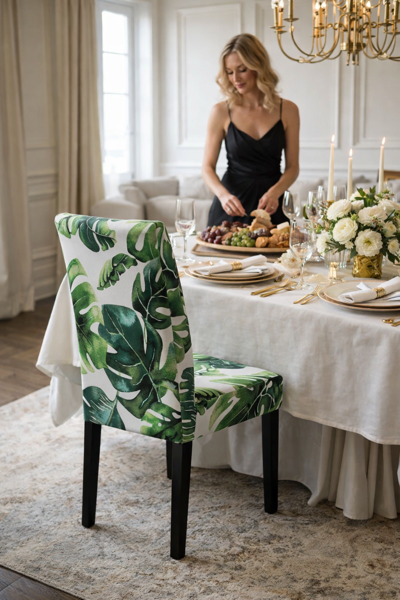 Anyseat Green Big Leaves Design Chair Cover – Elastic Slipcover with Anti‑Dirt Protection for Dining Room, Kitchen, Wedding, Hotel, Banquet & Restaurant