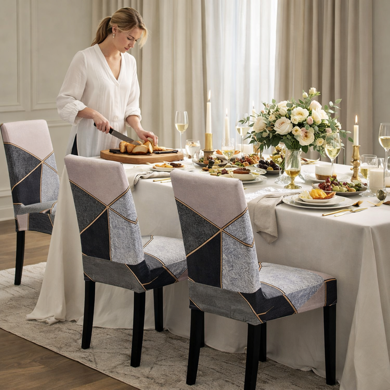 Anyseat Pink with Gold Linear Design Chair Cover – Elastic Slipcover with Anti‑Dirt Protection for Dining Room, Kitchen, Wedding, Hotel, Banquet & Restaurant