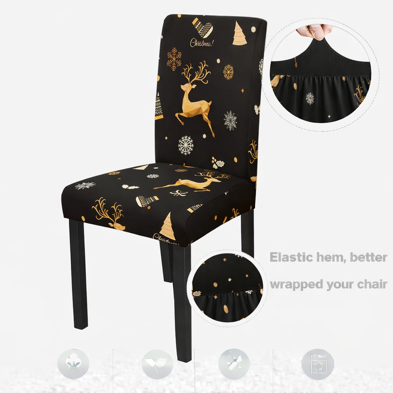 Anyseat Black with Christmas Gold Icon Design Chair Cover – Elastic Slipcover with Anti‑Dirt Protection for Dining Room, Kitchen, Wedding, Hotel, Banquet & Restaurant