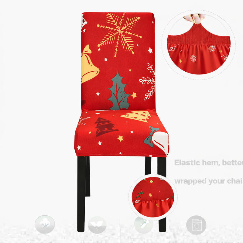 Anyseat Red Christmas Bells Trees Design Chair Cover – Elastic Slipcover with Anti‑Dirt Protection for Dining Room, Kitchen, Wedding, Hotel, Banquet & Restaurant