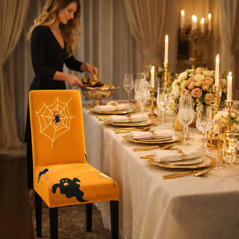 Anyseat Gold Spider Cobweb Ghost Design Chair Cover – Elastic Slipcover with Anti‑Dirt Protection for Dining Room, Kitchen, Wedding, Hotel, Banquet & Restaurant