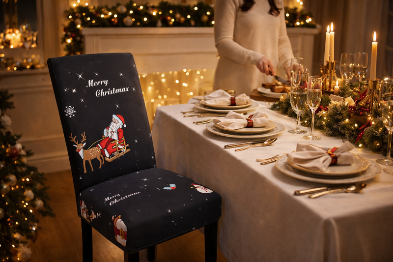 Anyseat Black Santa Reindeer Design Chair Cover – Elastic Slipcover with Anti‑Dirt Protection for Dining Room, Kitchen, Wedding, Hotel, Banquet & Restaurant