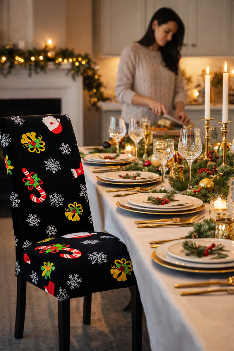 Anyseat Black Christmas Candy Holiday Design Chair Cover – Elastic Slipcover with Anti‑Dirt Protection for Dining Room, Kitchen, Wedding, Hotel, Banquet & Restaurant