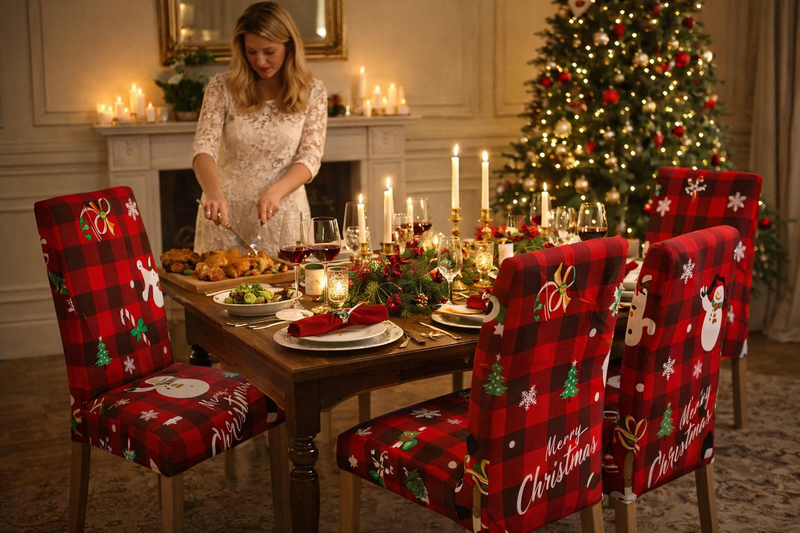 Anyseat Red Checkered Merry Christmas Design Chair Cover – Elastic Slipcover with Anti‑Dirt Protection for Dining Room, Kitchen, Wedding, Hotel, Banquet & Restaurant