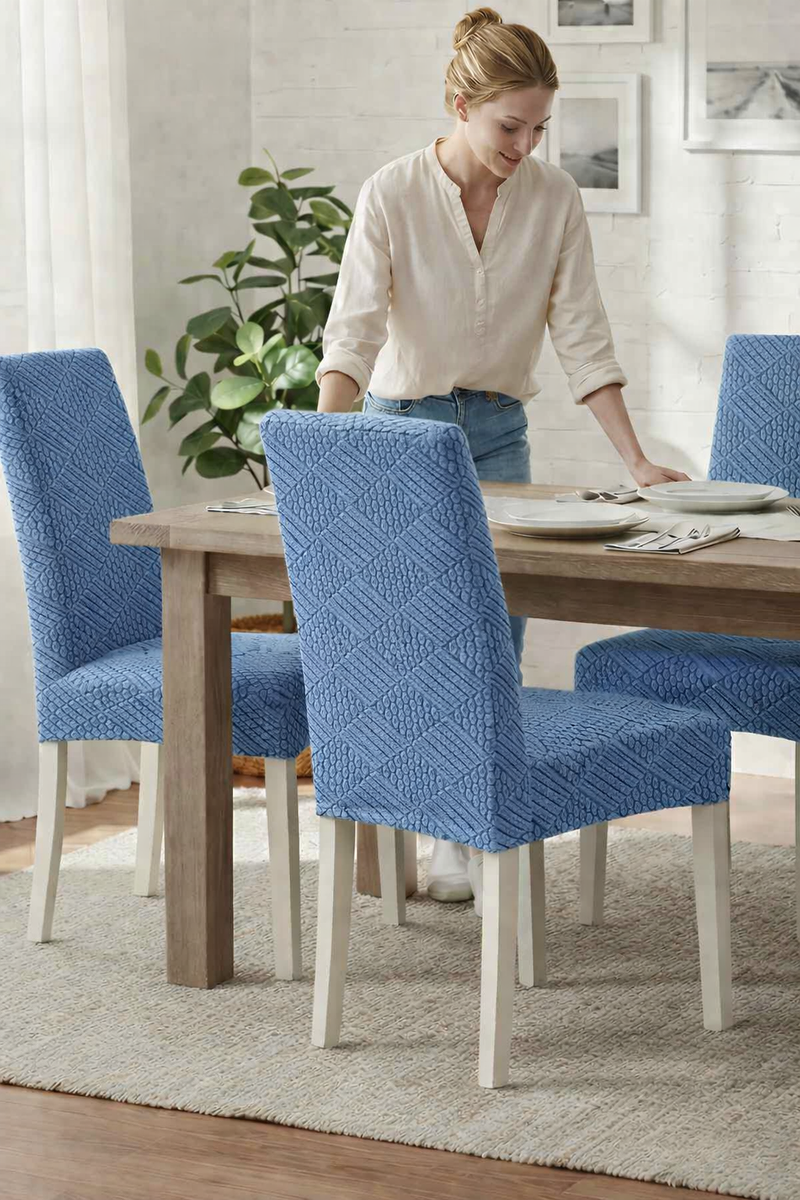 Anyseat Blue Checkered Chair Cover – Elastic Anti‑Dirt Design for Dining, Kitchen, Wedding, Hotel & Banquet Use