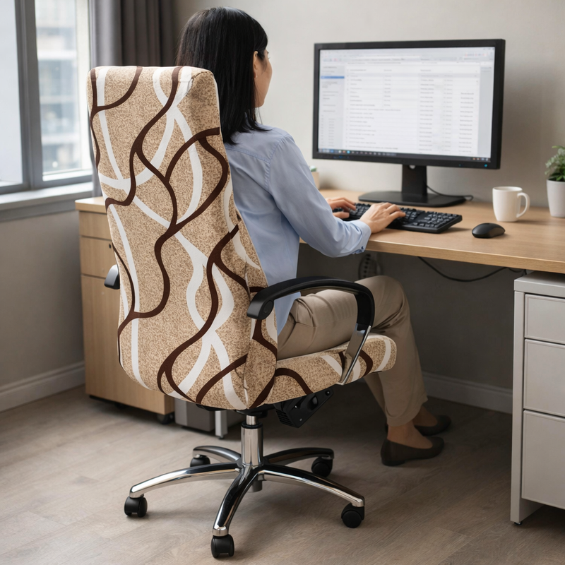 Anyseat Office Chair Cover – Brown Wave Line, Large Size, Non-Slip Rotating Seat Case with Universal Armrest Protector