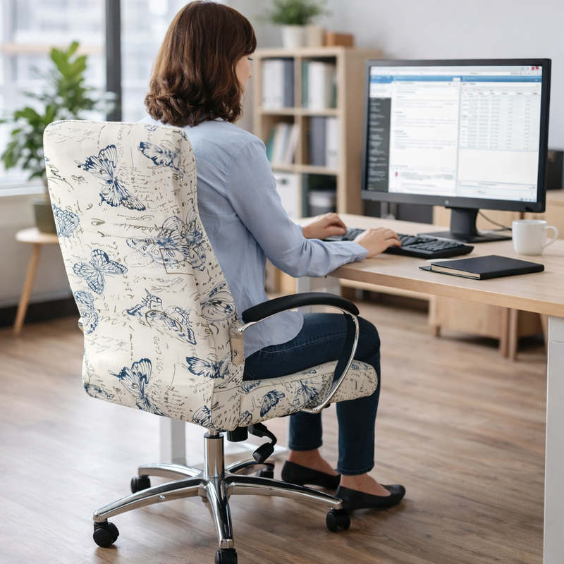 Anyseat Office Chair Cover –White Blue Butterfly, Large Size, Non-Slip Rotating Seat Case with Universal Armrest Protector