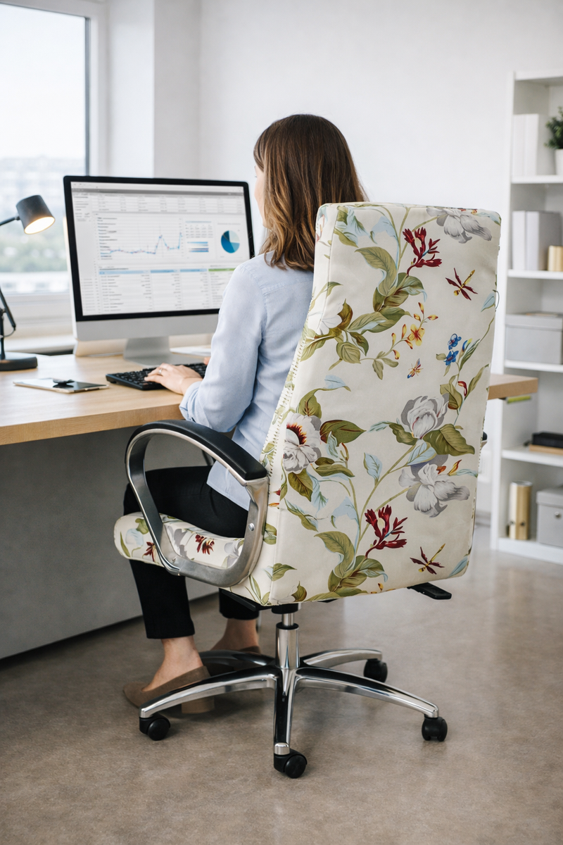 Anyseat Office Chair Cover –White Leafy Design, Medium Size, Non-Slip Rotating Seat Case with Universal Armrest Protector