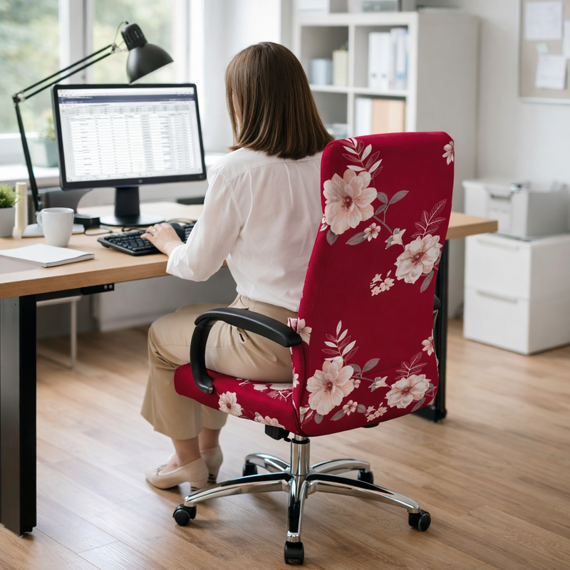 Anyseat Office Chair Cover –Red Floral, Medium Size, Non-Slip Rotating Seat Case with Universal Armrest Protector