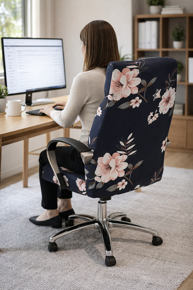 Anyseat Office Chair Cover –Black Floral, Medium Size, Non-Slip Rotating Seat Case with Universal Armrest Protector