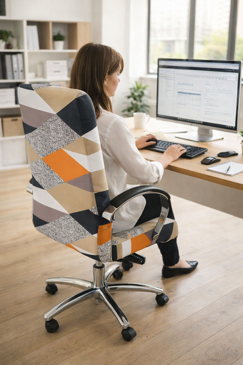 Anyseat Office Chair Cover – Pink Beige Geometric, Zippered Elastic Stretch, High‑Back Slipcover Protector